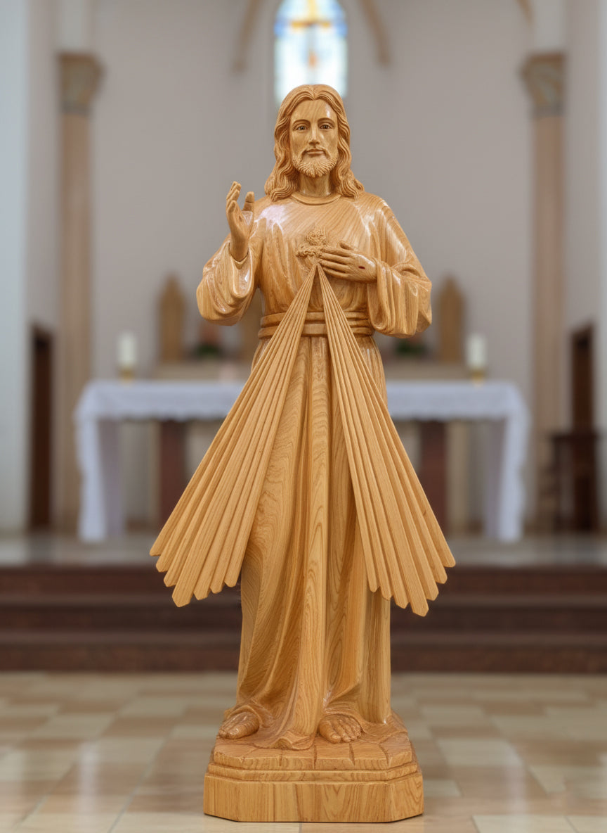 Divine Mercy of Jesus Wooden Statue, Sacred Heart Christ Wood Carving, Handmade Catholic Religious Sculpture, Christian Home Decor
